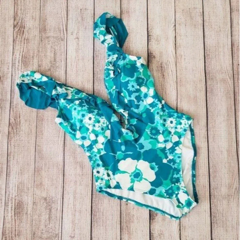 Michael Kors Aqua Blue Floral Plunging Neckline One-Piece Swimsuit Women's